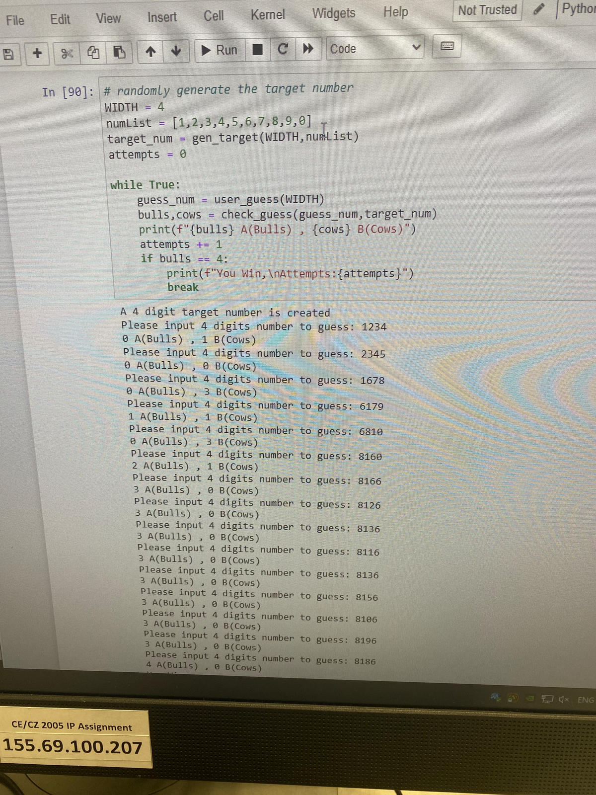 Sc1003 Week 8 function code (Bull or Cow) - File Edit View Insert Cell ...