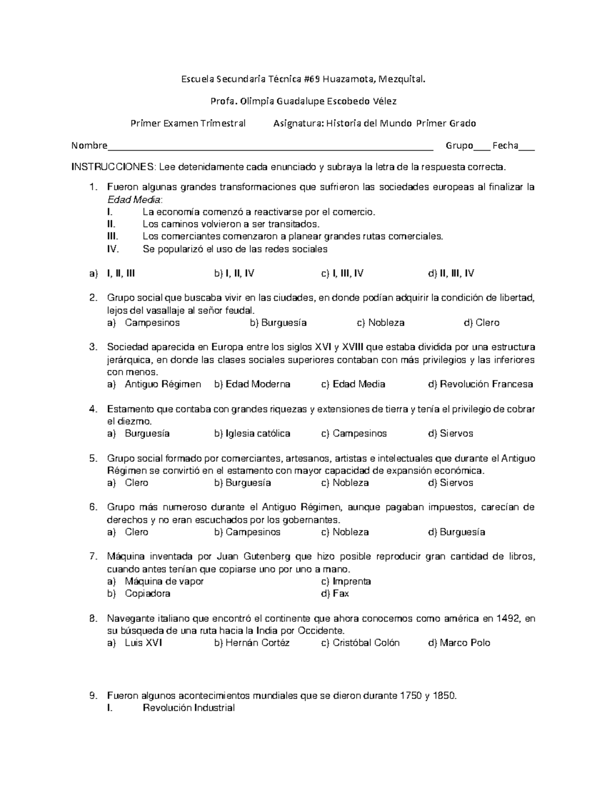 Examen Trimestral 1 Historia primer grado Escuela Secundaria TÈcnica