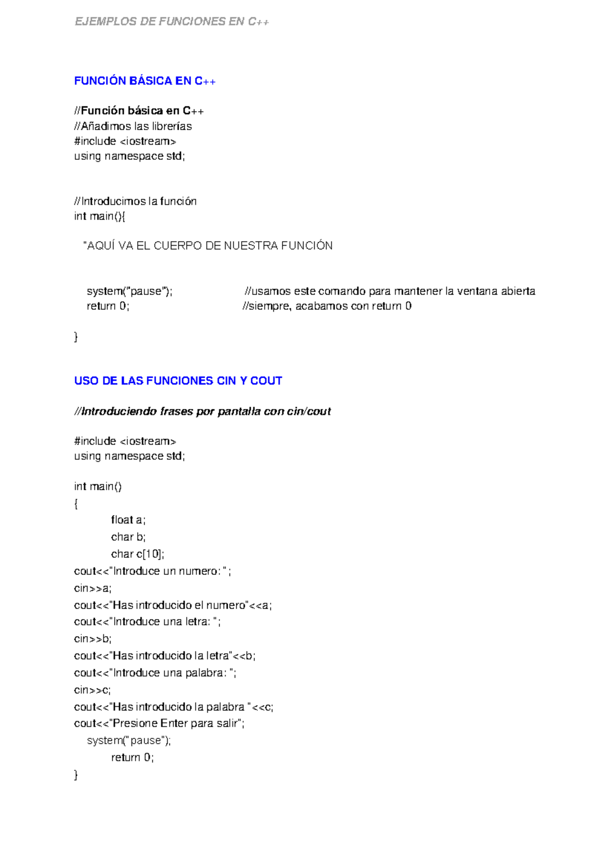 Estructura básica de funciones en C++ - FUNCIÓN BÁSICA EN C++ //Función ...