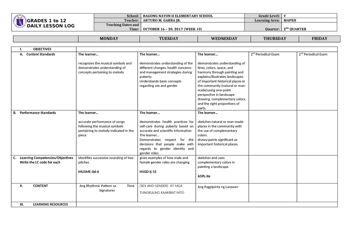 DLL Mapeh 5 Q2 W10 - DLL - GRADES 1 to 12 DAILY LESSON LOG School ...