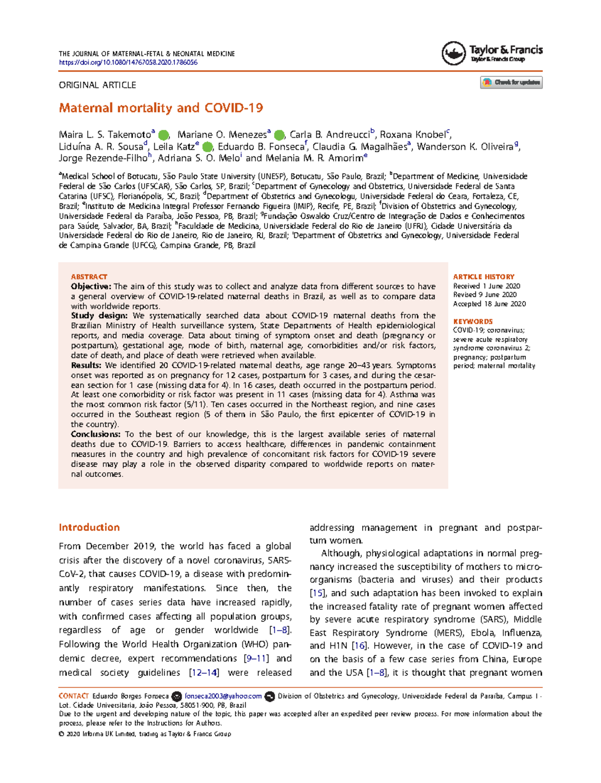 Maternal mortality and Covid 19 - ORIGINAL ARTICLE Maternal mortality ...