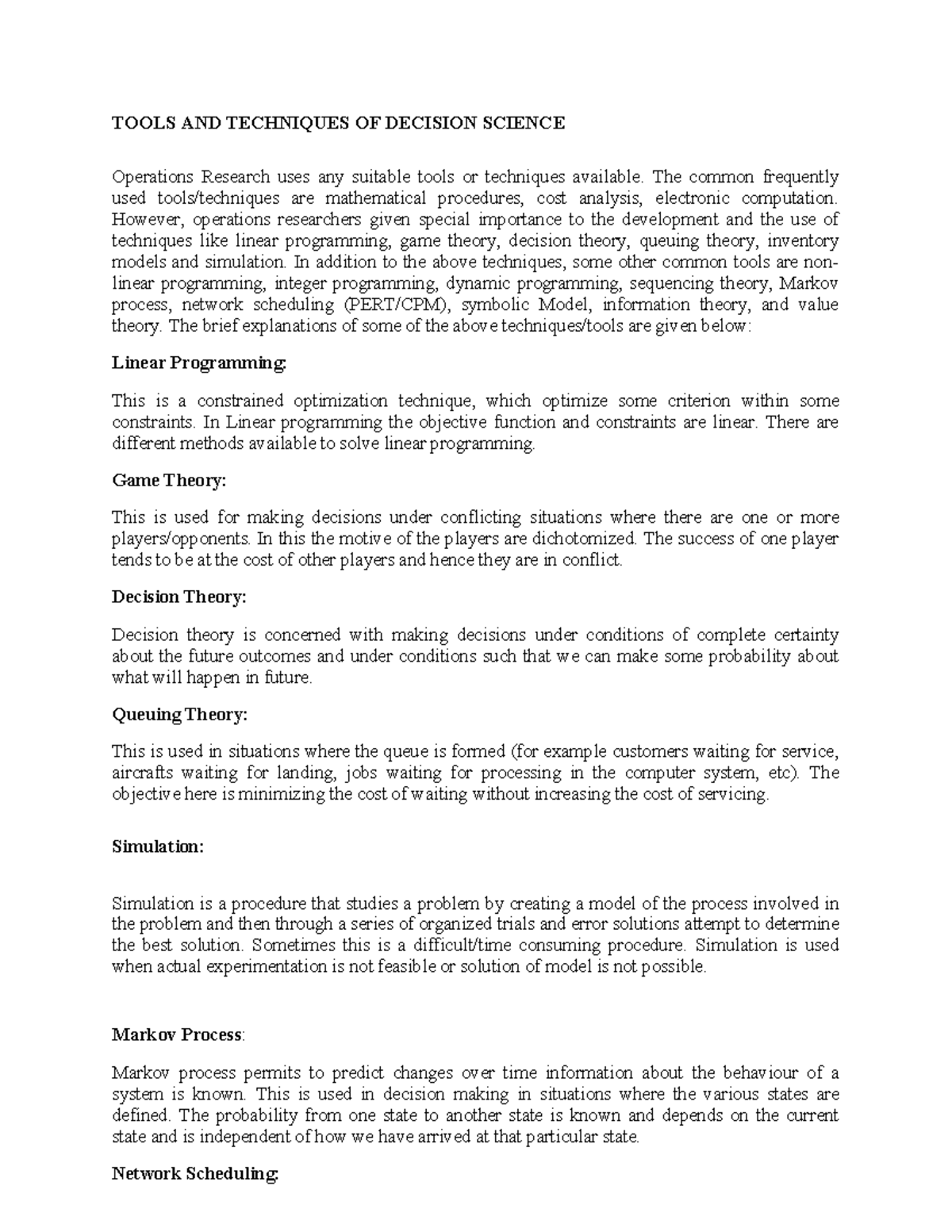 Decision Science Notes - TOOLS AND TECHNIQUES OF DECISION SCIENCE ...