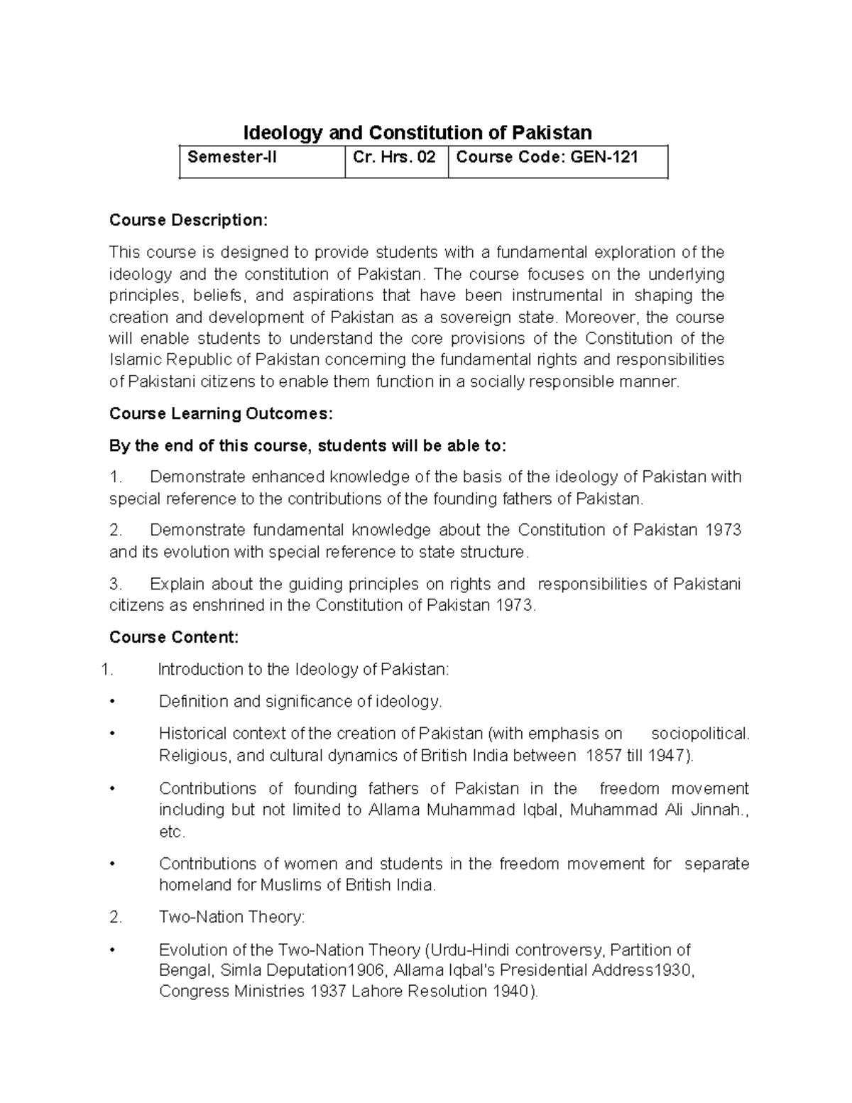 Course Content - Ideology and Constitution of Pakistan Semester-II Cr ...