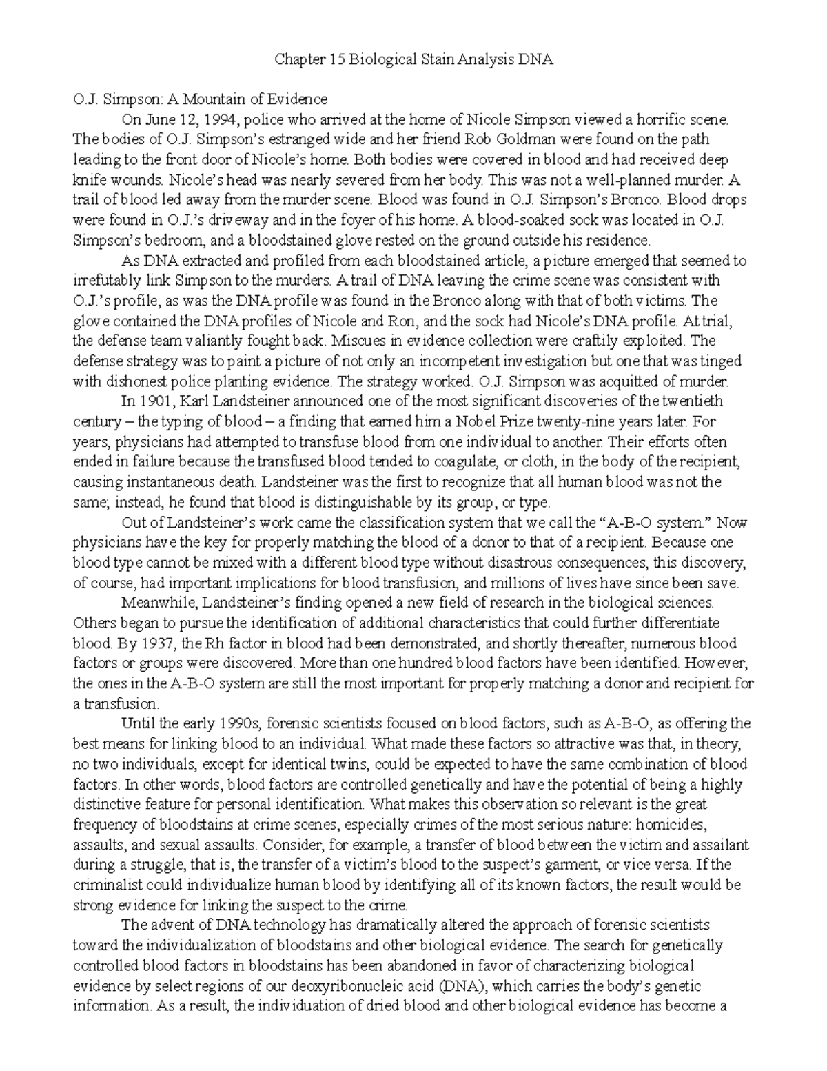 Chapter 15 Biological Stain Analysis DNA Notes - Simpson: A Mountain of ...