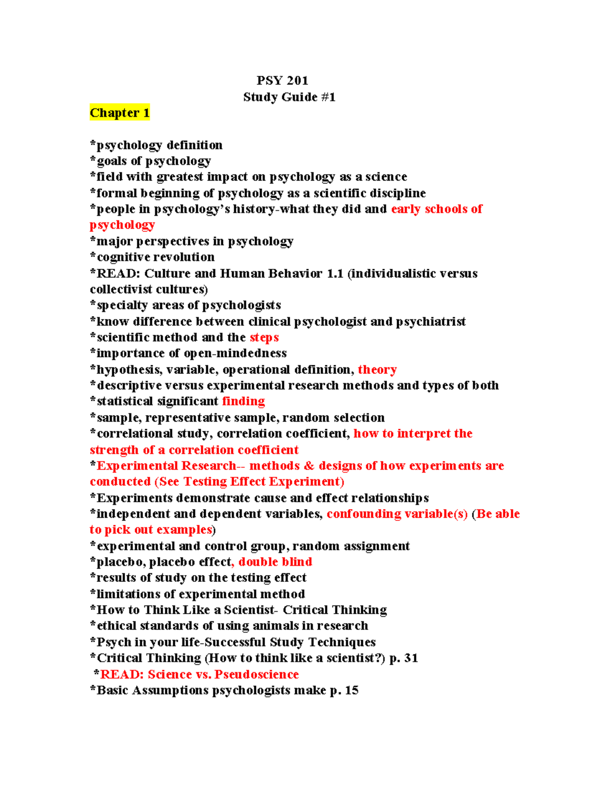 PSY 201 Study Guide #1 - PSY201, - Studocu