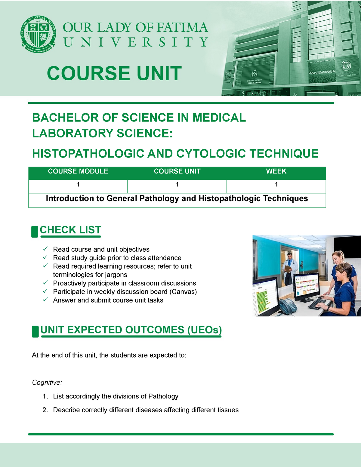 1.CUHPCTWeek1 PHT BACHELOR OF SCIENCE IN MEDICAL LABORATORY