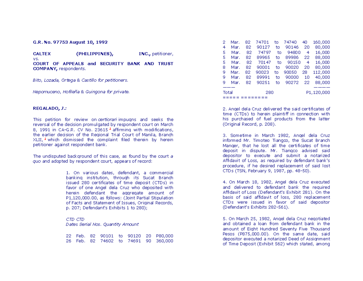 NEGO CASE - negotiable ins cases - G. No. 97753 August 10, 1992 CALTEX ...