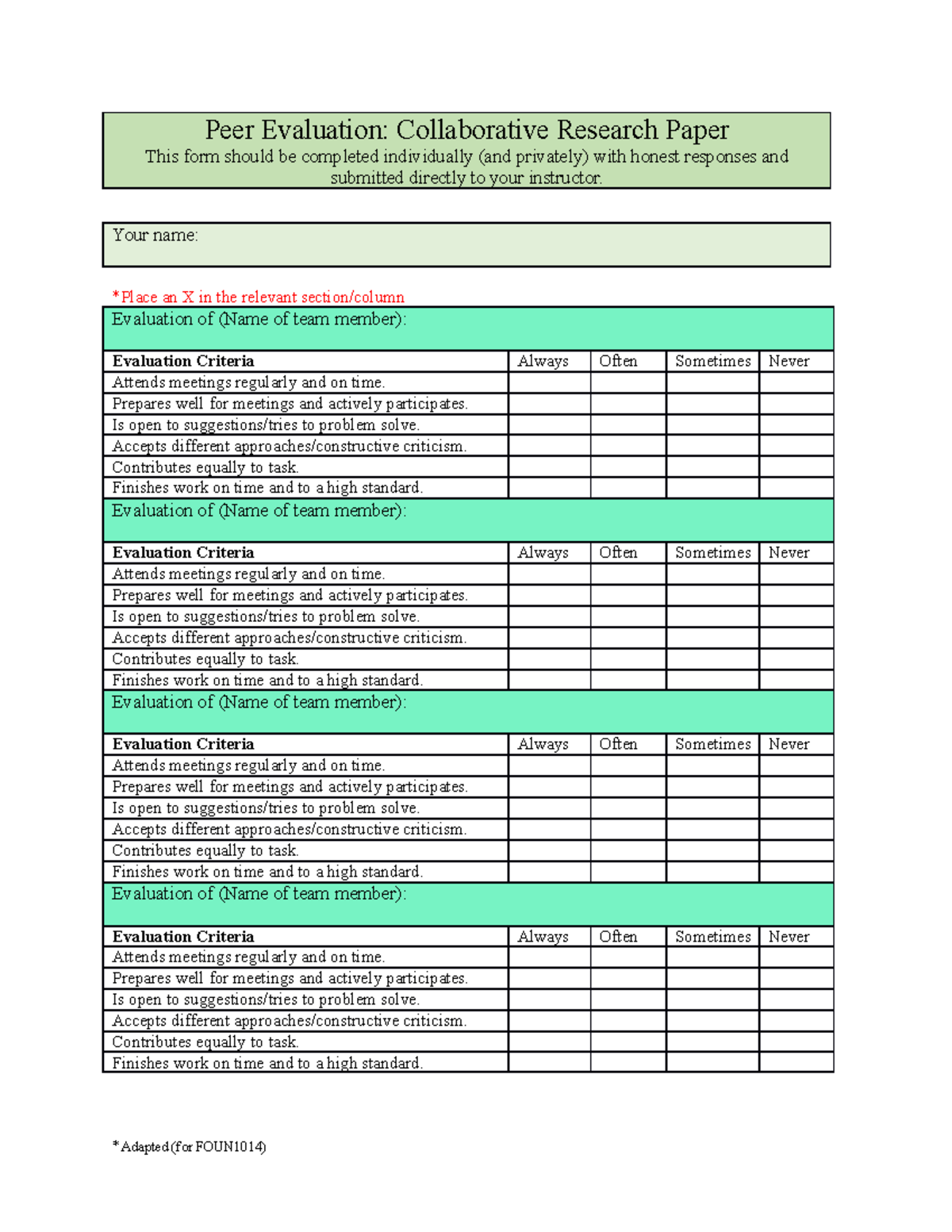 Peer Evaluation Form for Collaborative Research Paper - 2020 - Peer ...