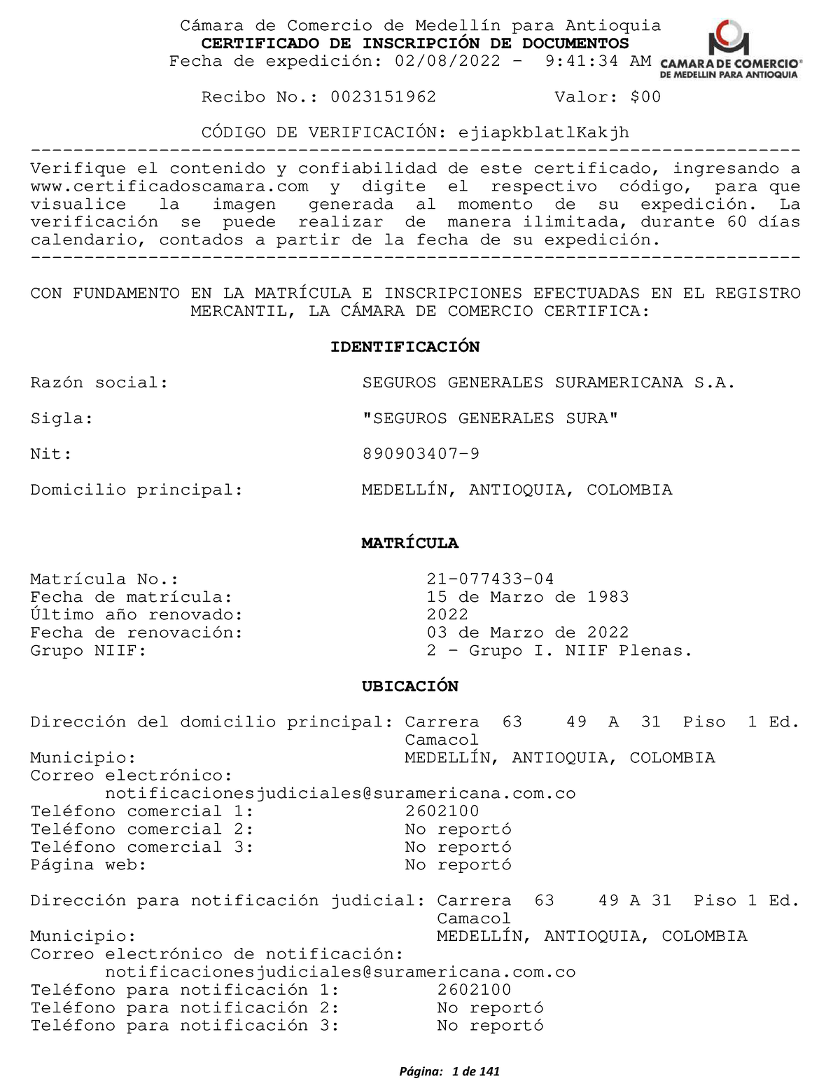 Certificado De Existencia Seguros Generales Suramericana Sa Certificado De Inscripci N De