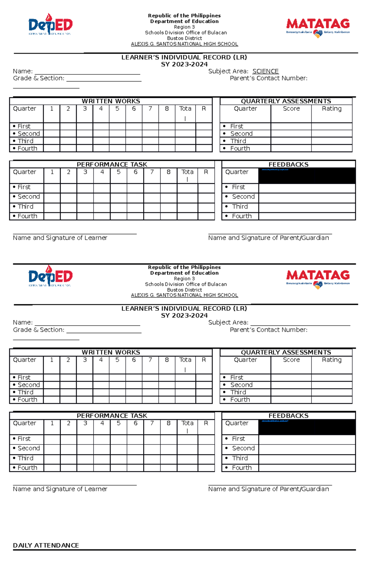 Individual Learners Record LR - Republic of the Philippines Department ...