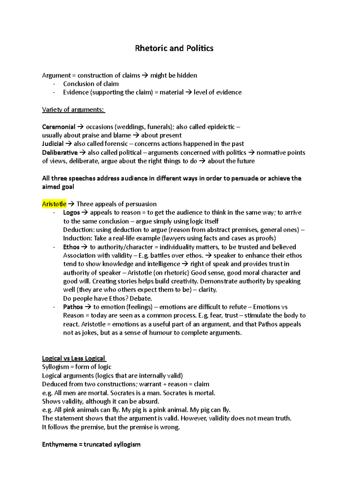Introduction to Rhetoric and Politics - Rhetoric and Politics Argument ...