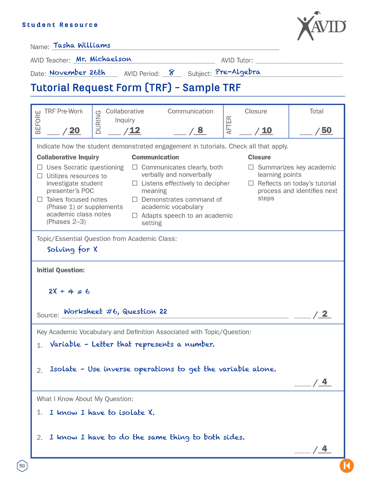 Sample TRFs AVID 1 50 Tasha Williams Solving for X Variable Letter