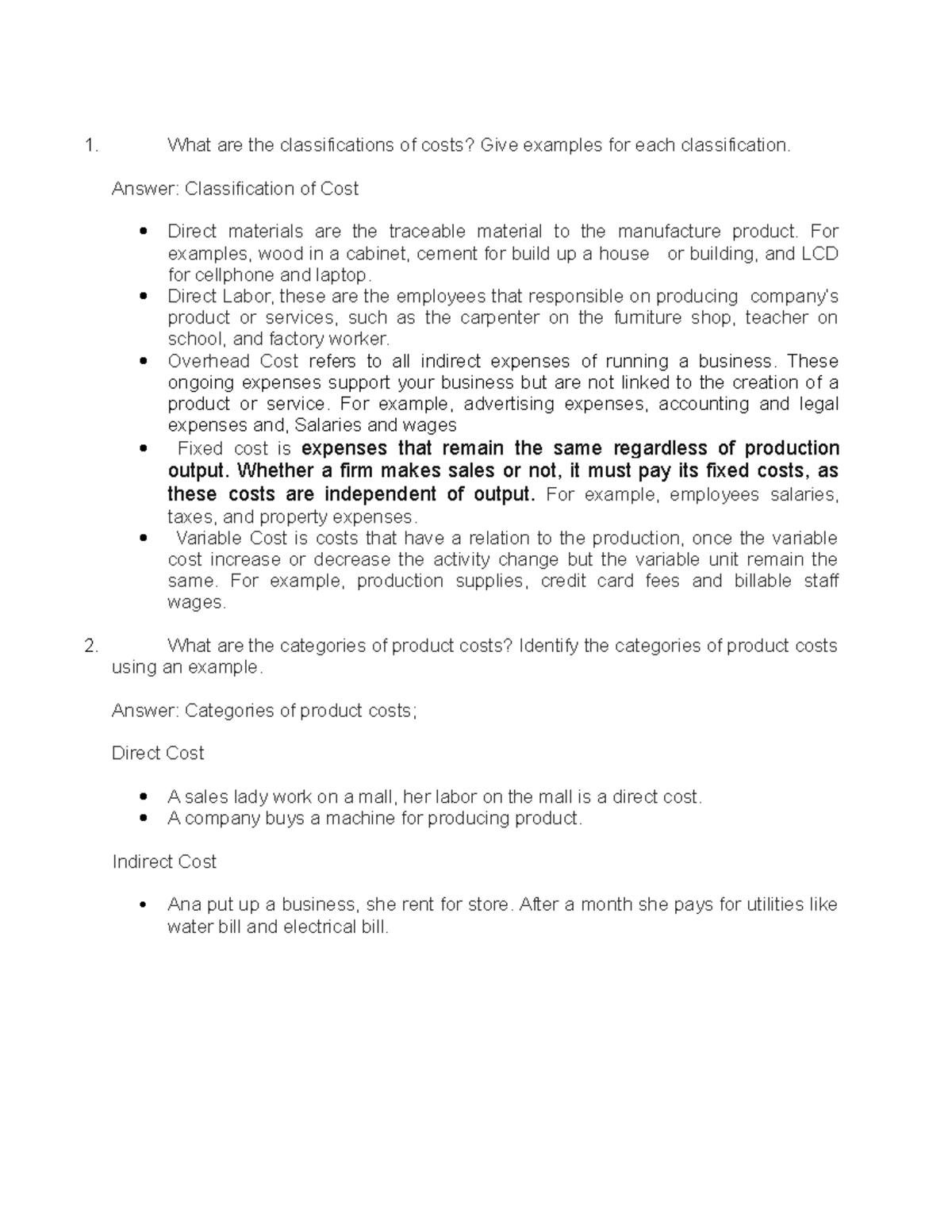 2 activity 3 Cost terms What are the classifications of costs? Give