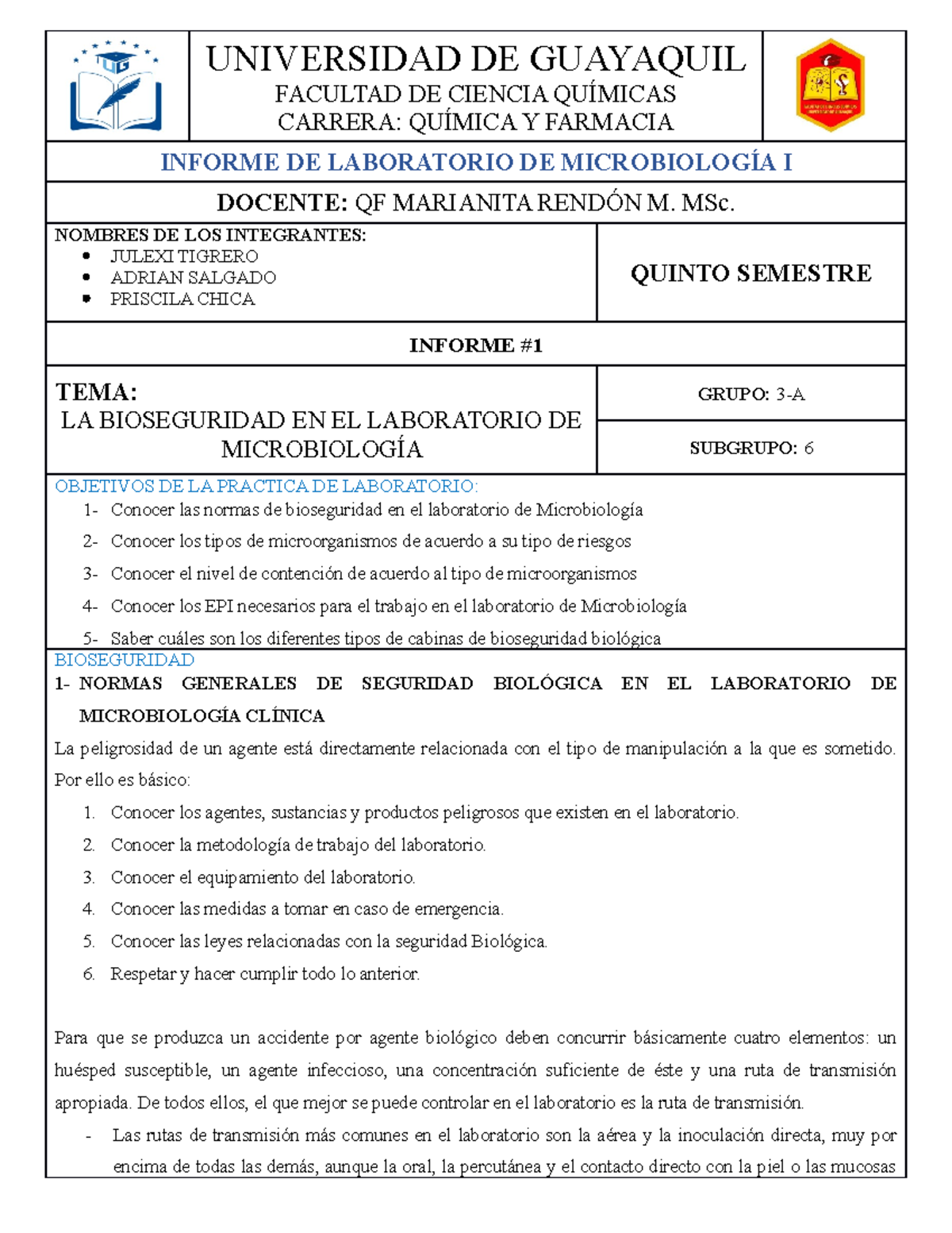 Informe 1 Bioseguridad En El Laboratorio Universidad De Guayaquil