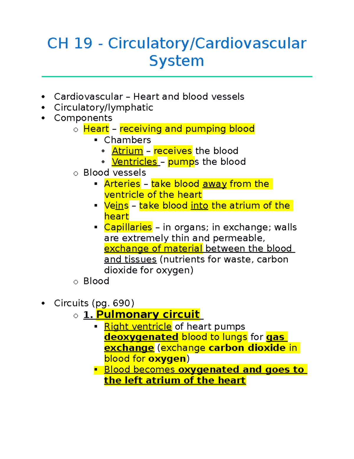 Ch 19 - Circulatory System - Heart - CH 19 - Circulatory/Cardiovascular ...