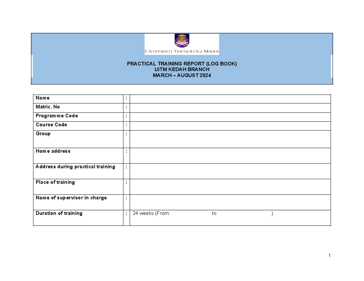 Practical Training (LOG BOOK) - PRACTICAL TRAINING REPORT (LOG BOOK ...
