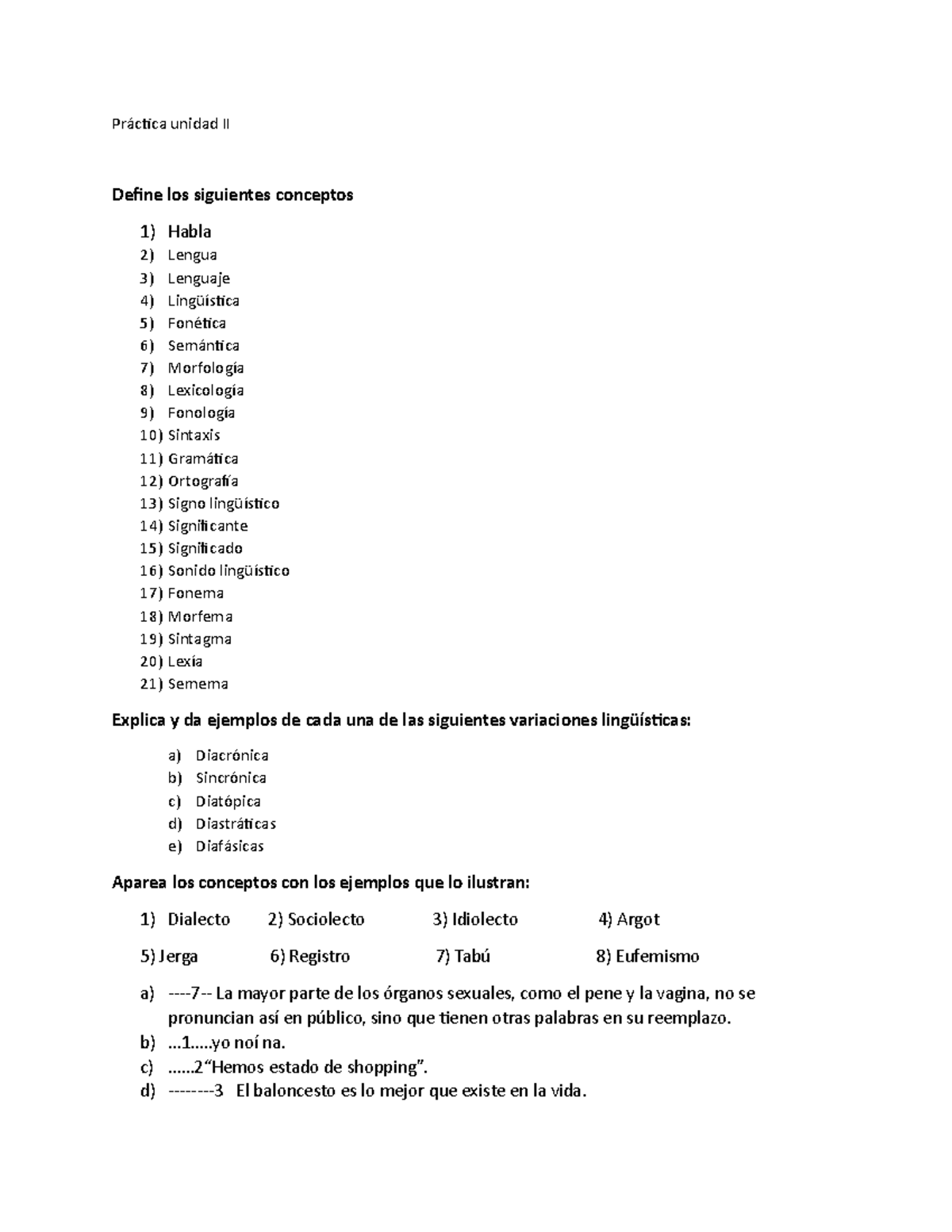 Pr Ctica Unidad Uiiy Pr Ctica Unidad Ii Define Los Siguientes Conceptos Habla Lengua