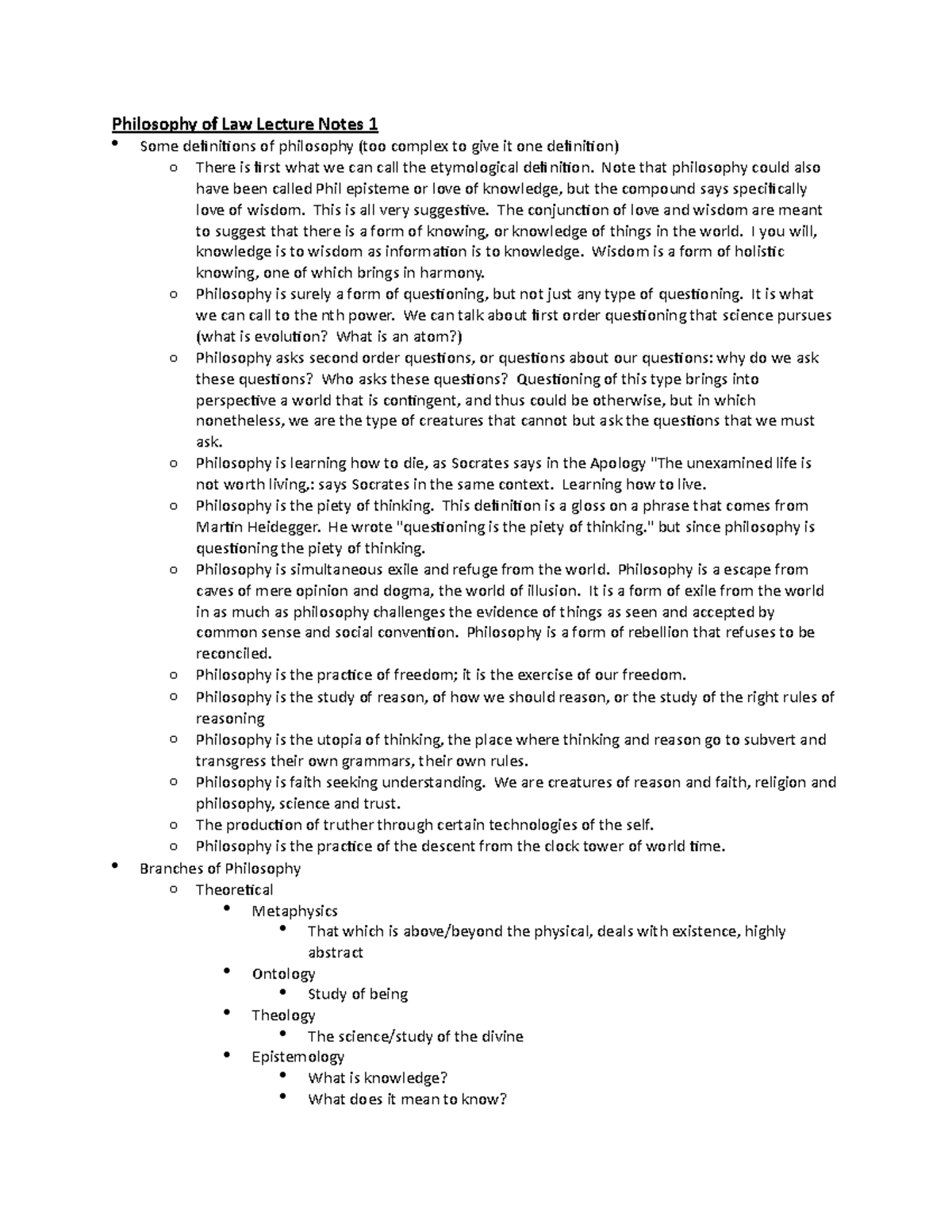 Philosophy of Law Lecture Notes 1 - Note that philosophy could also ...