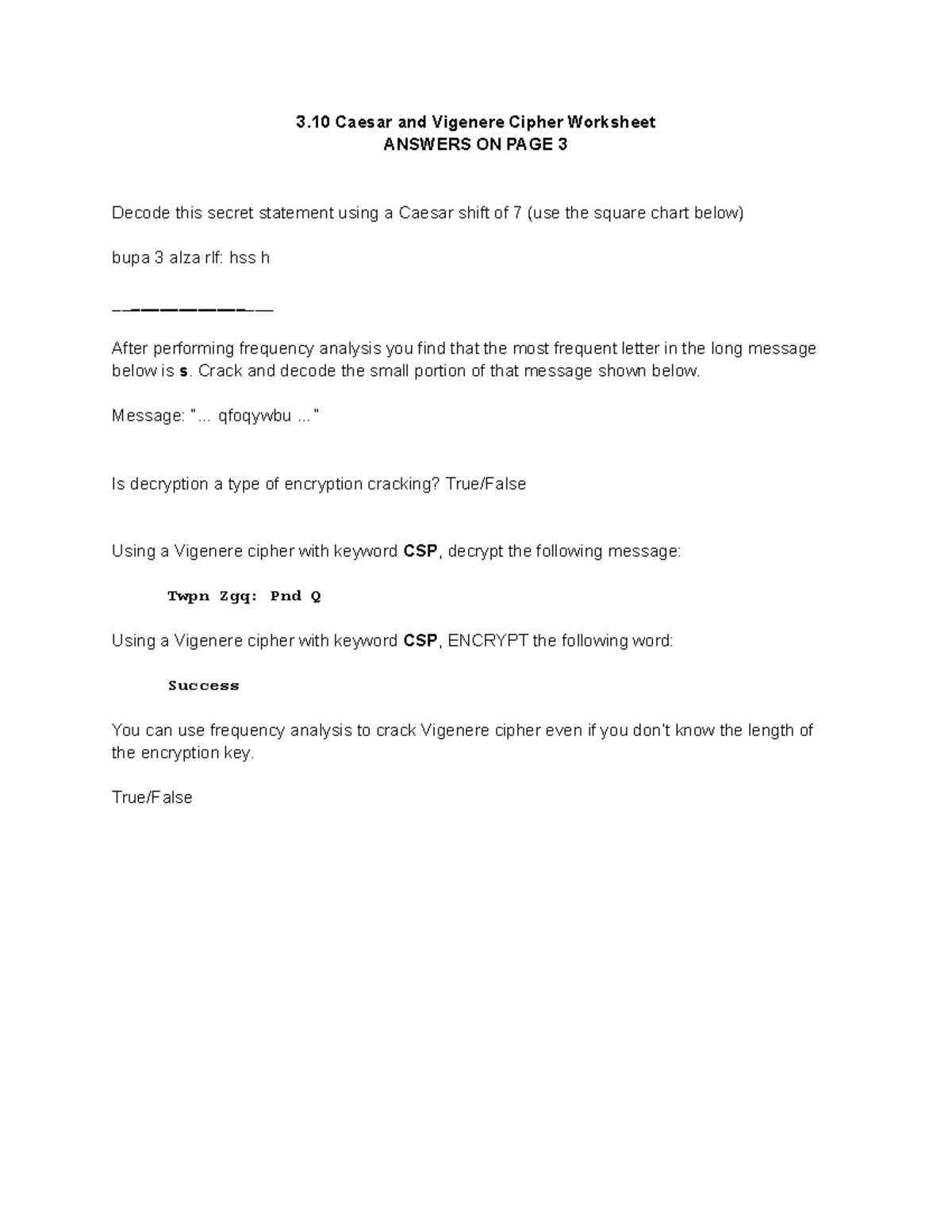 Review Caesar and Vigenere Cipher Worksheet - 3 Caesar and Vigenere ...