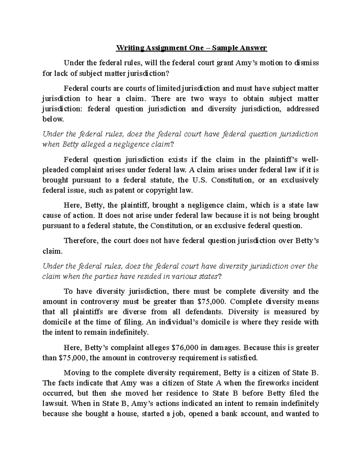 Writing Assignment One Sample Answer - Writing Assignment One – Sample ...