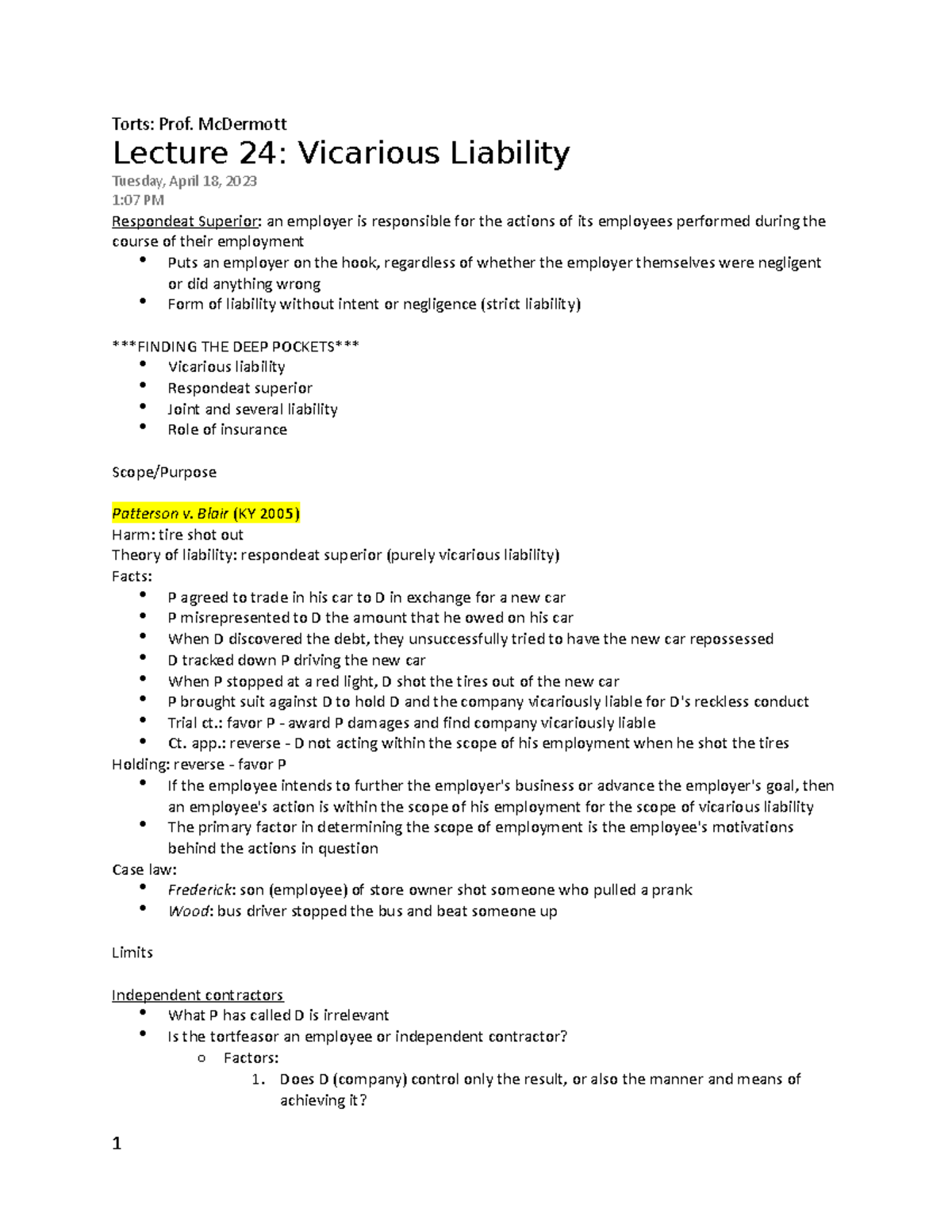 Torts Lecture 24 Vicarious Liability Torts Prof Mcdermott Lecture