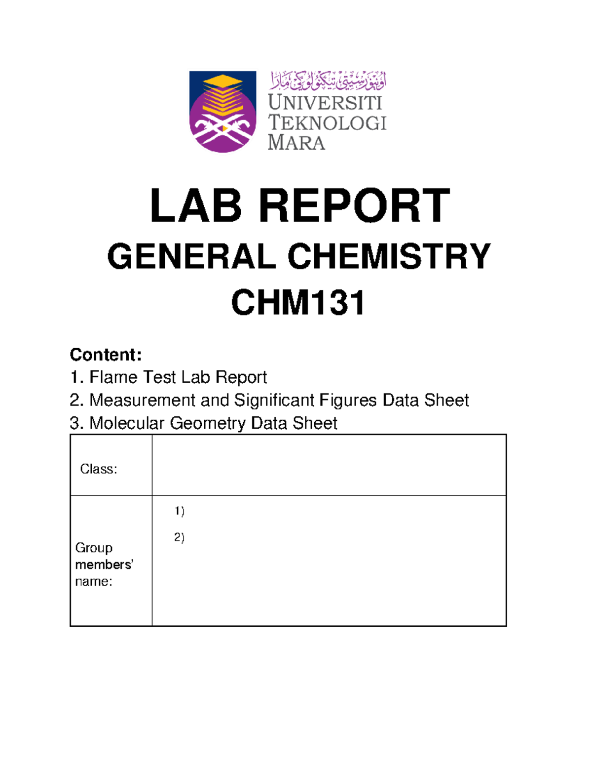 LAB Report CHM131 LAB REPORT GENERAL CHEMISTRY CHM Content 1. Flame