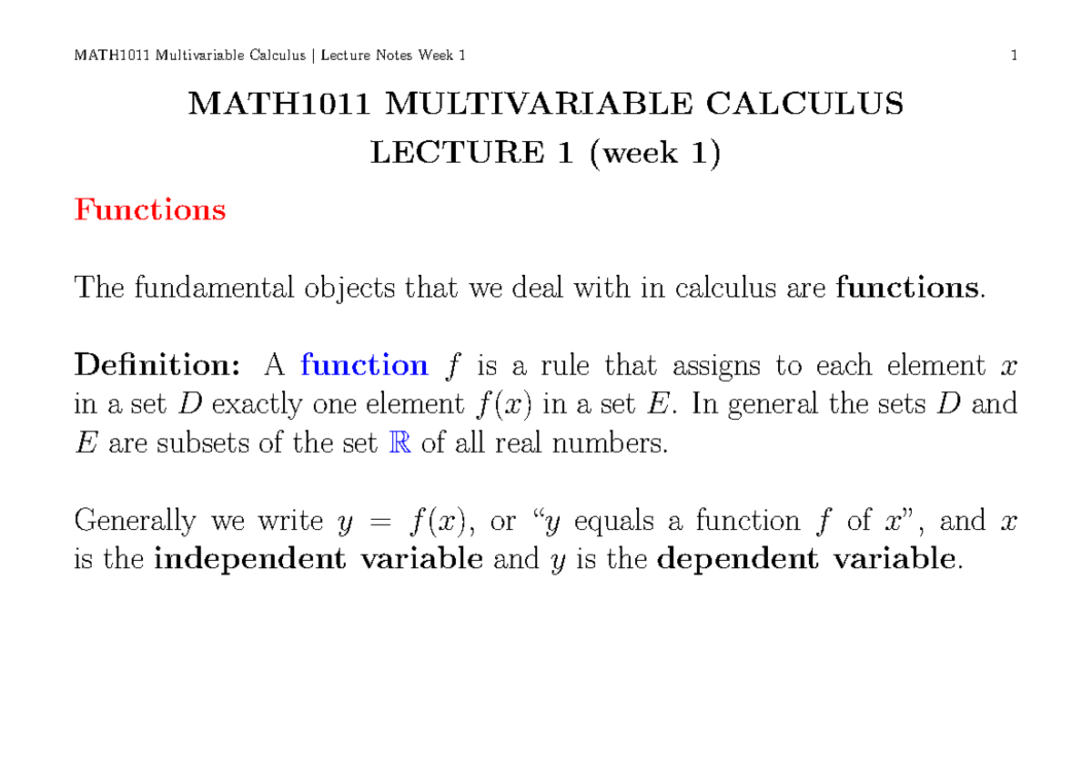 MATH1011 Lecture 1 21 - MATH1011 MULTIVARIABLE CALCULUS LECTURE 1 (week ...