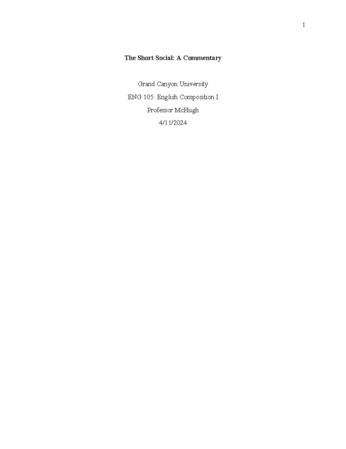Mc Hugh ENG105 Commentary Paper Template - The Short Social: A ...