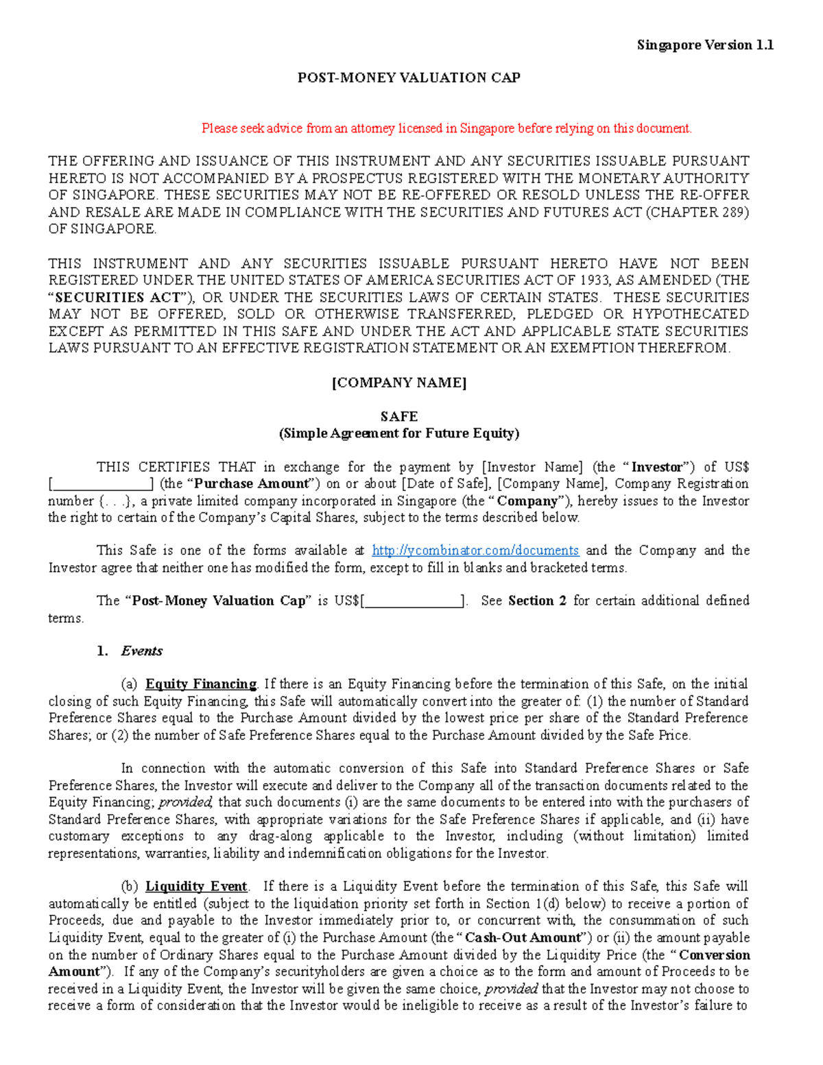 Postmoney Safe Valuation Cap Only v1.1 (Singapore) Copy Singapore