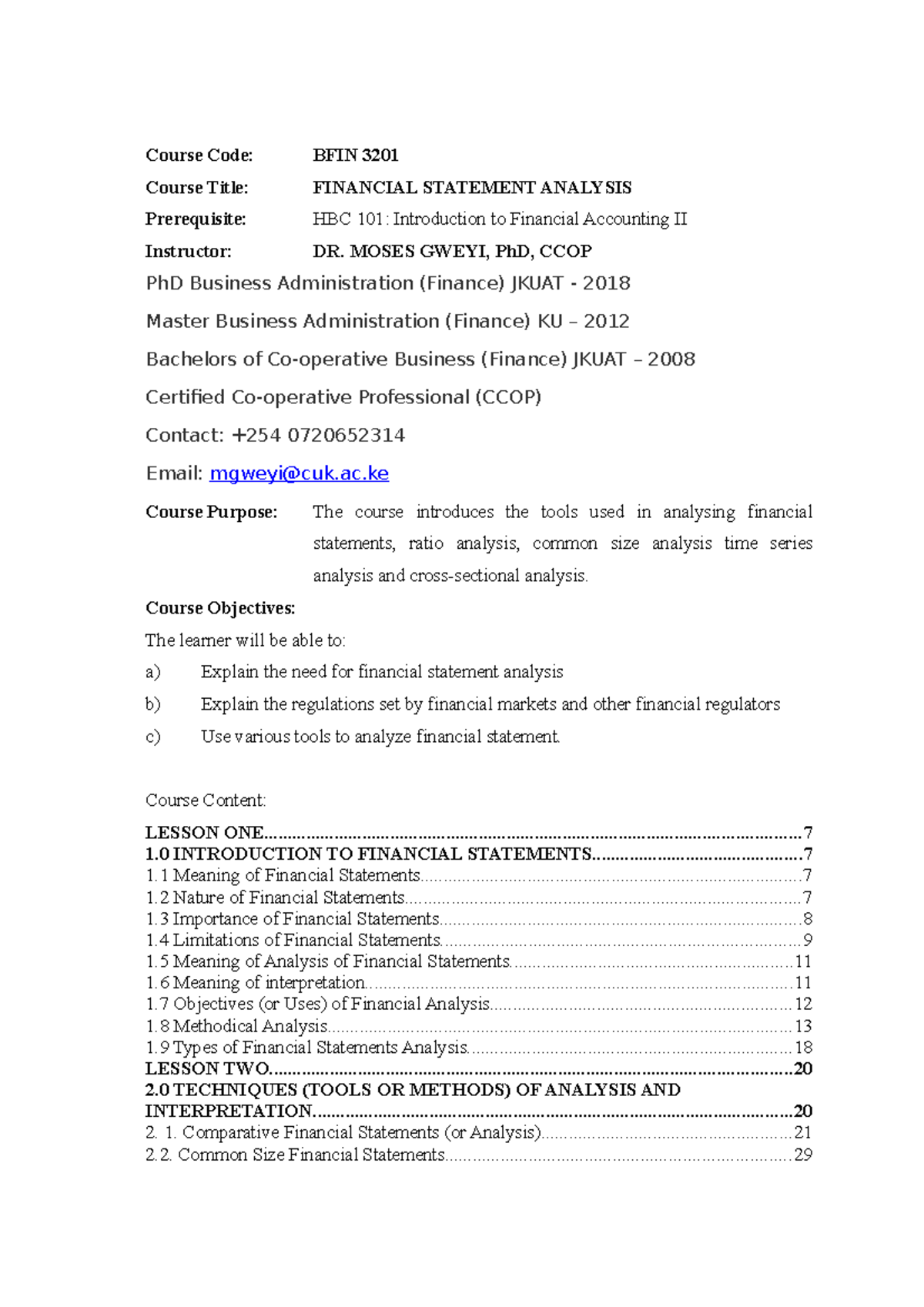 BFIN 3201 Financial Statement Analysis Course Code BFIN 3201 Course
