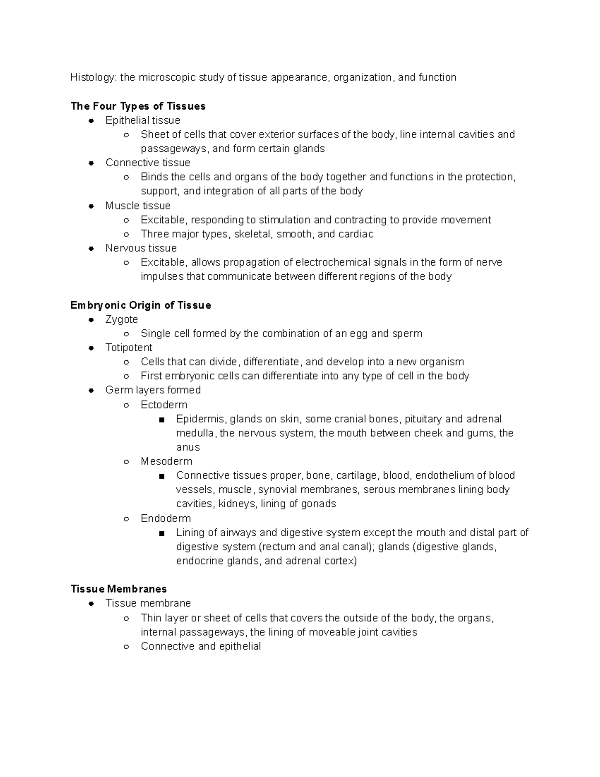Anatomy Tissue Notes Histology the microscopic study of tissue