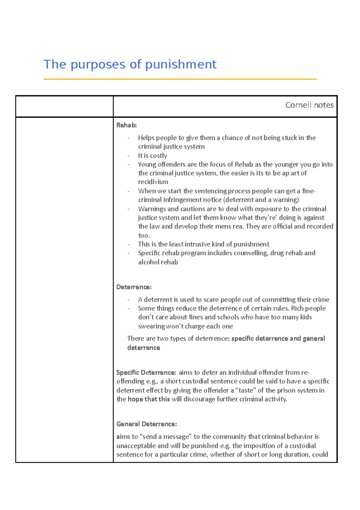 The purpose of punishment The purposes of punishment Cornell notes