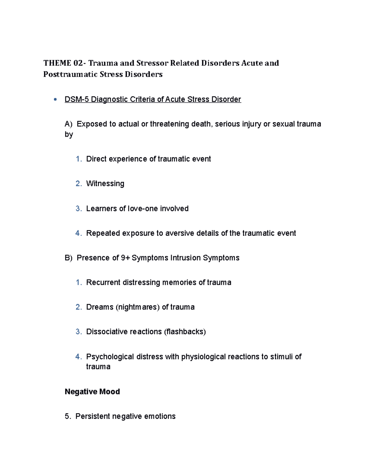 Exam Theme summaries - THEME 02- Trauma and Stressor Related Disorders ...
