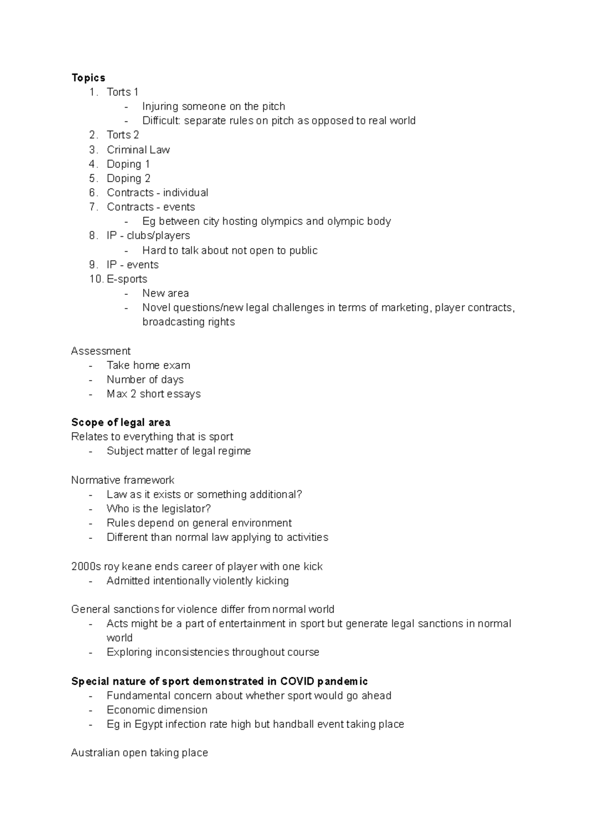 Sport Law 1 torts Notes UCD Studocu