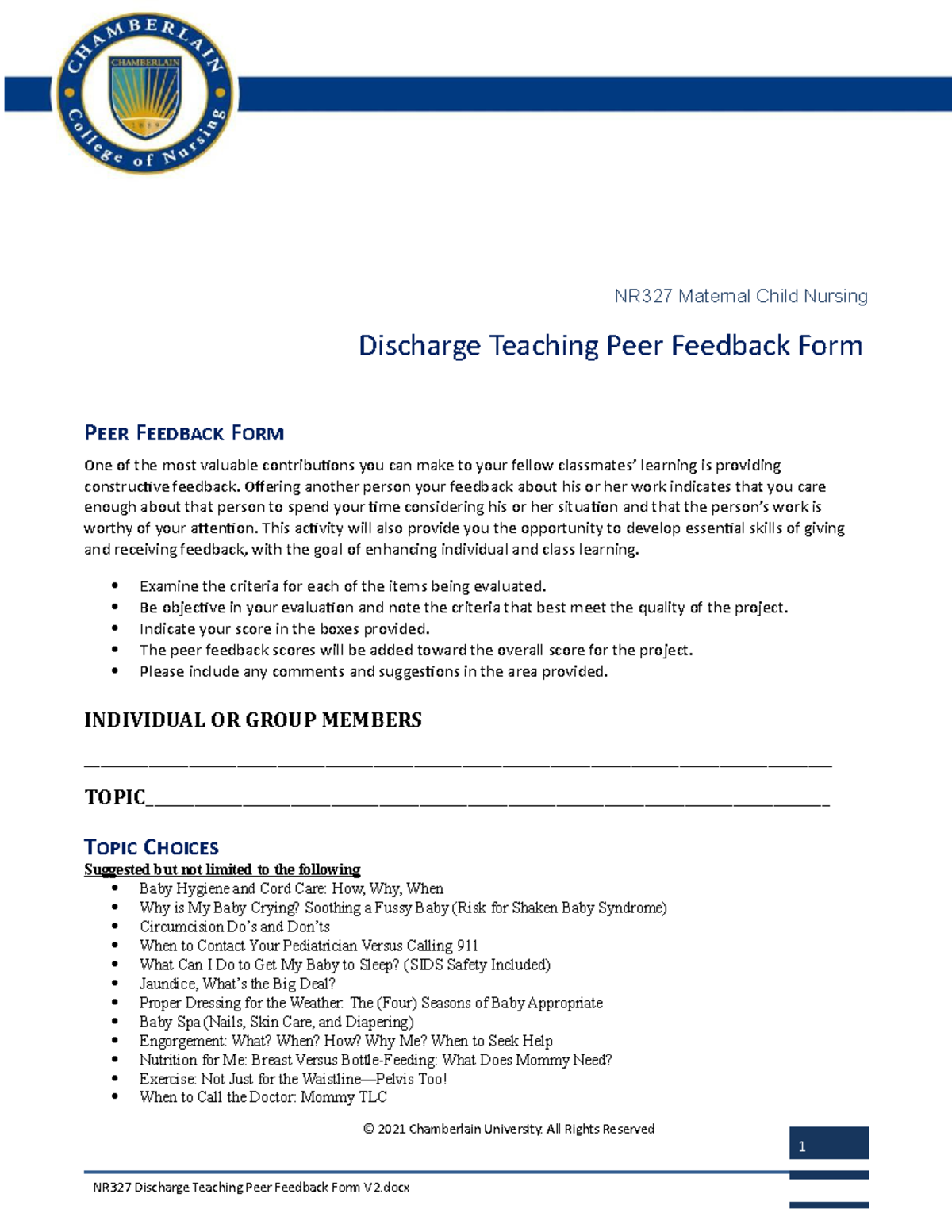 NR327 Discharge Teaching Peer Feedback Form V2 327OX - NR327 Maternal ...