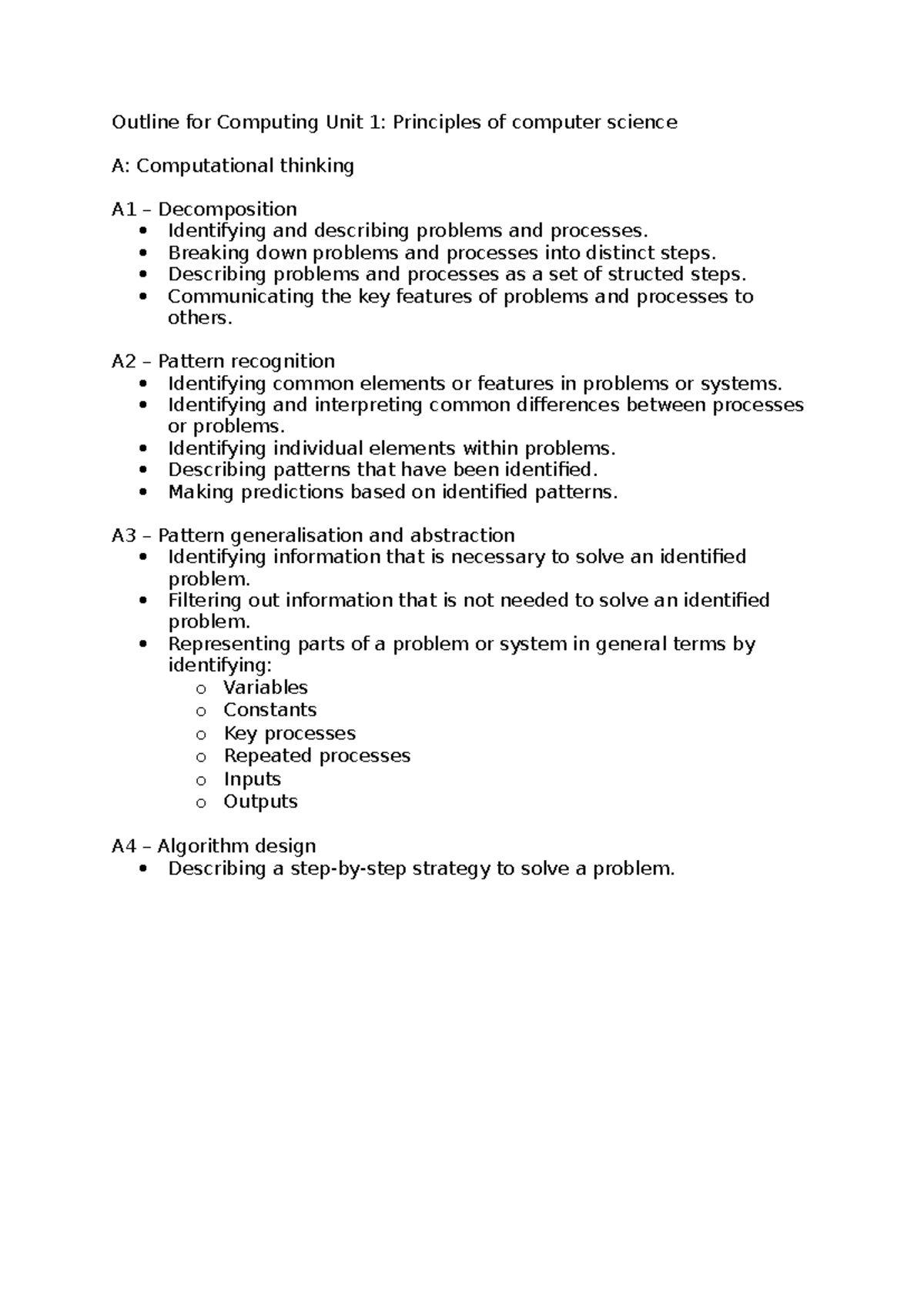 Outline for Computing Unit 1 - Breaking down problems and processes ...