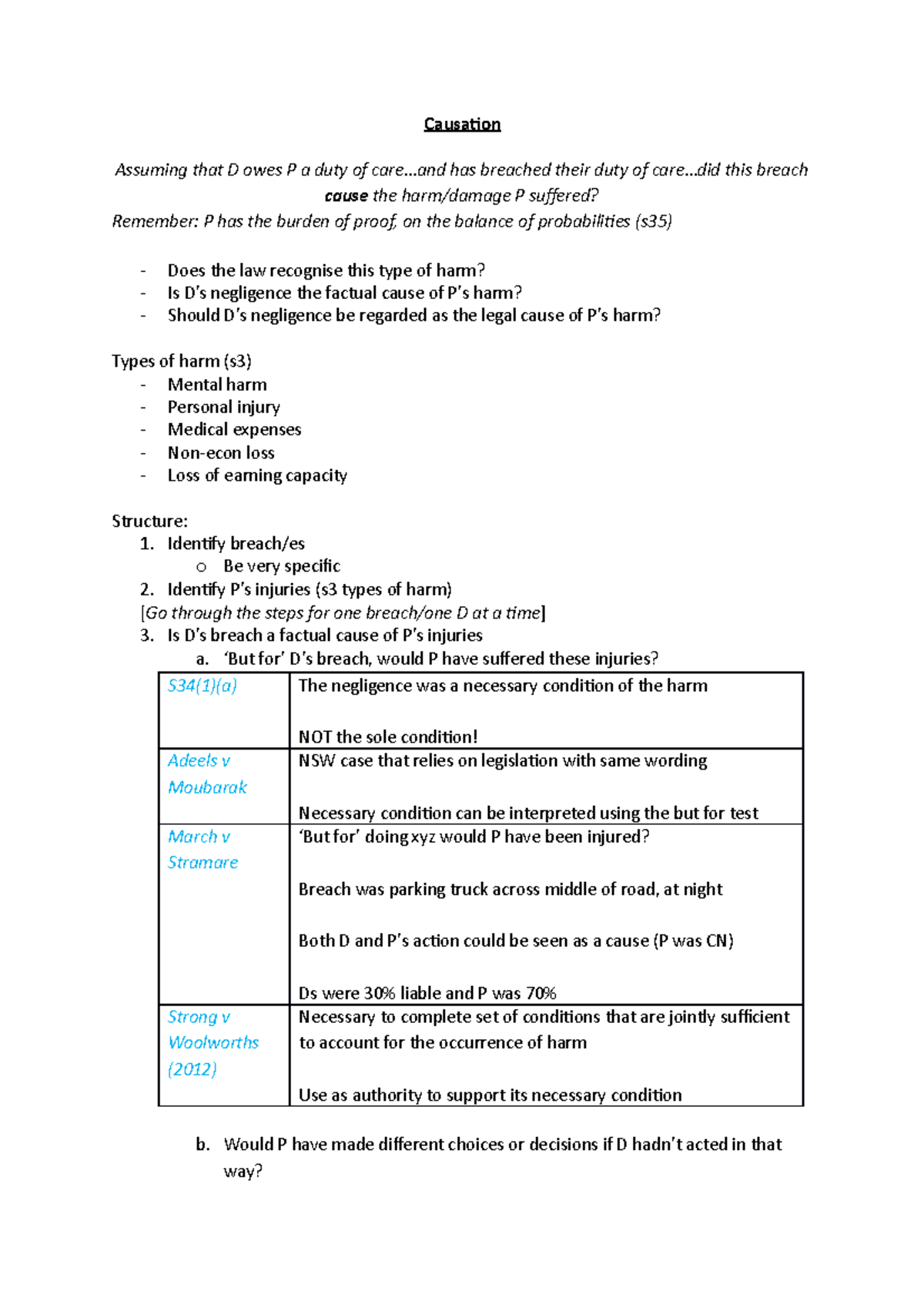 Causation - Exam notes - Causation Assuming that D owes P a duty of ...