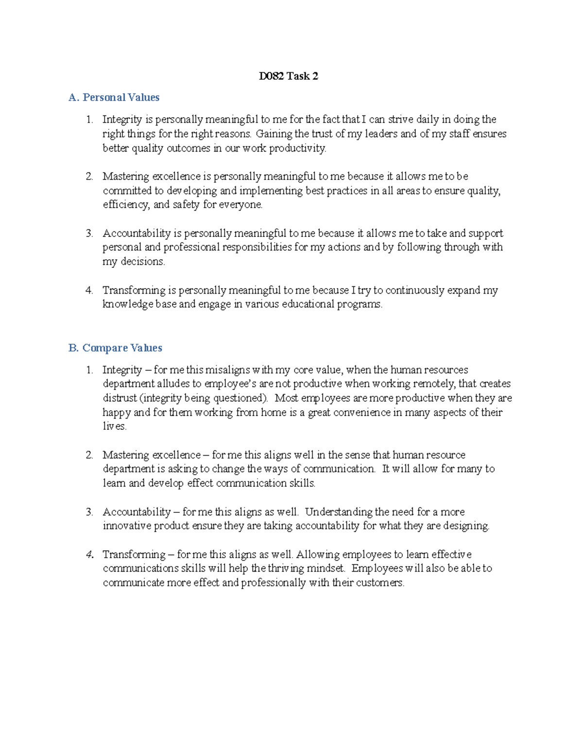 D082 Task 2 Revised - Task 2 Passed - D082 Task 2 A. Personal Values ...