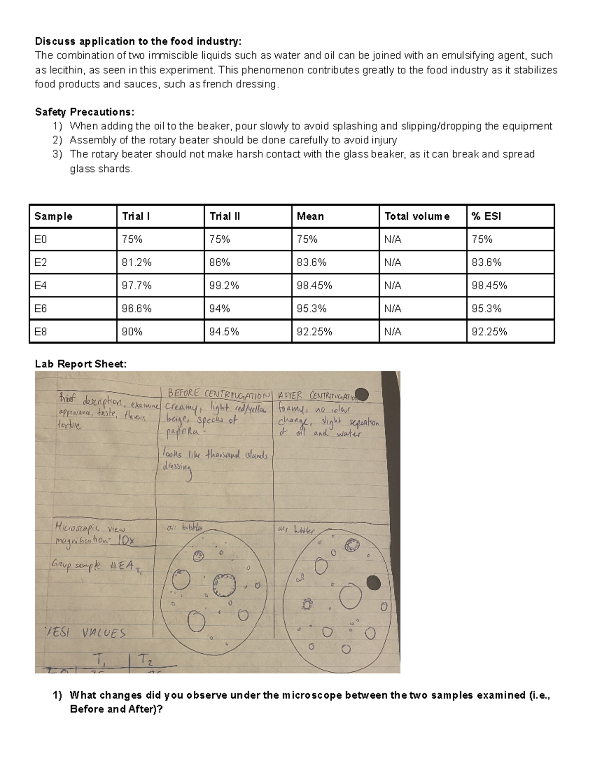 FST224 - LAB 6: EMULSION STABILITY - Discuss application to the food ...