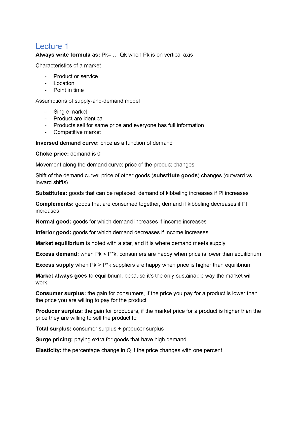 Microeconomics Lectures - Lecture 1 Always Write Formula As: Pk=  Qk 