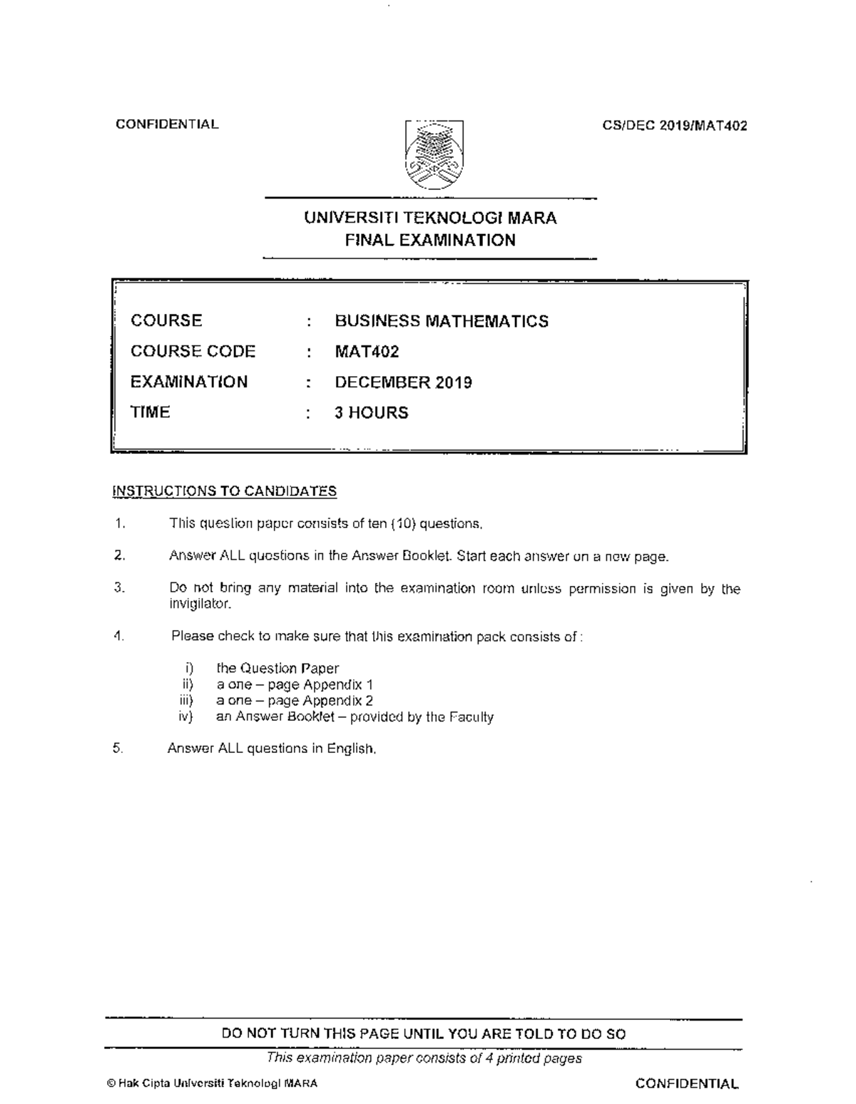 2019 December - PAST YEAR QUESTION - UNIVERSITI TEKNOLOGI MARA FINAL ...