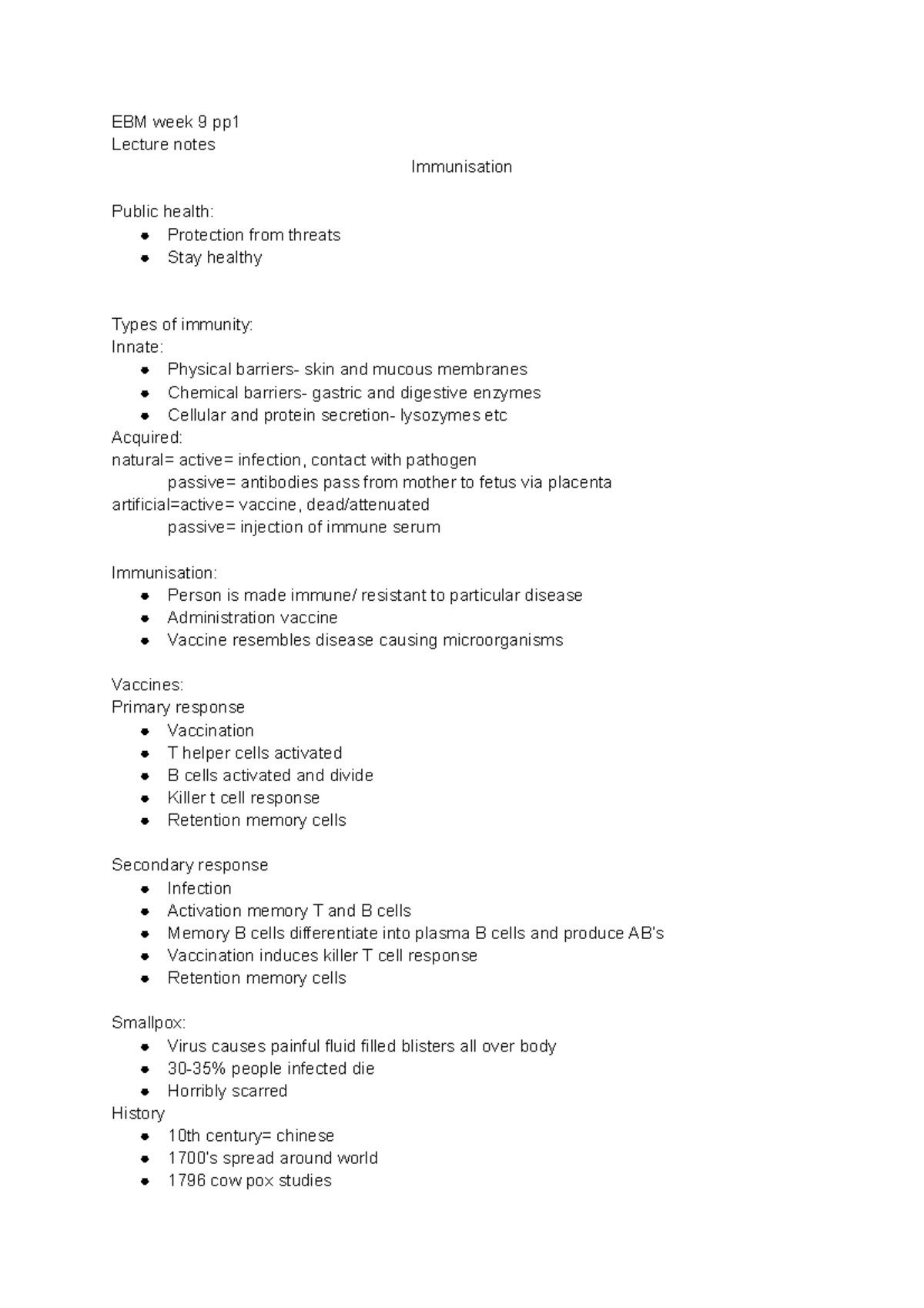 Immunisation lecture notes - EBM week 9 pp Lecture notes Immunisation ...