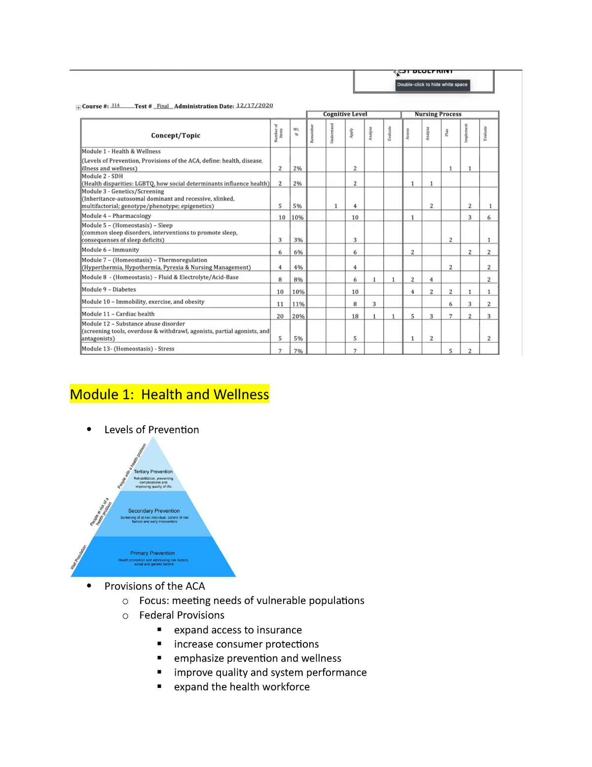 314 Final Exam Study Guide Module 1 Health and Wellness Levels of