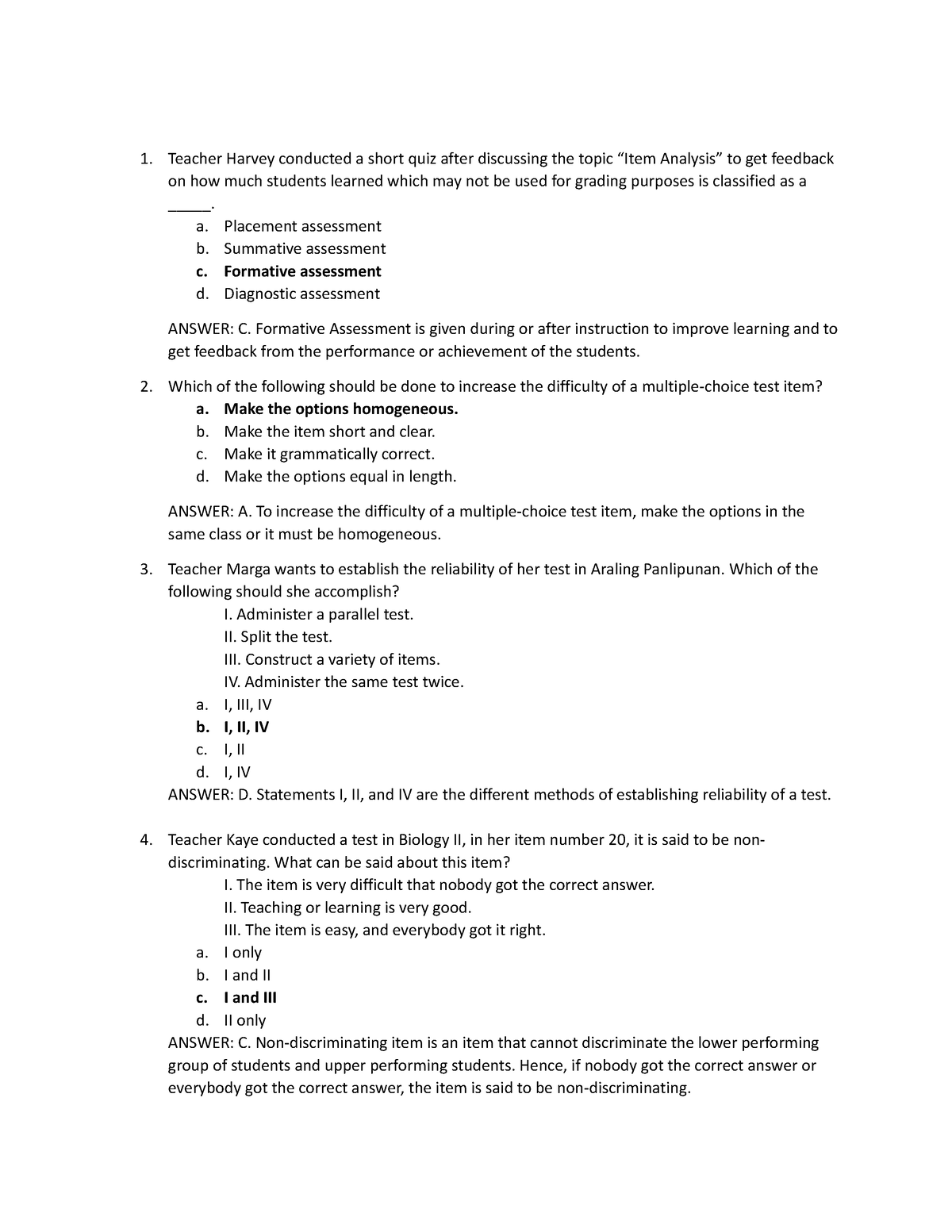 Assessment OF Learning MC TEST - Teacher Harvey conducted a short quiz ...