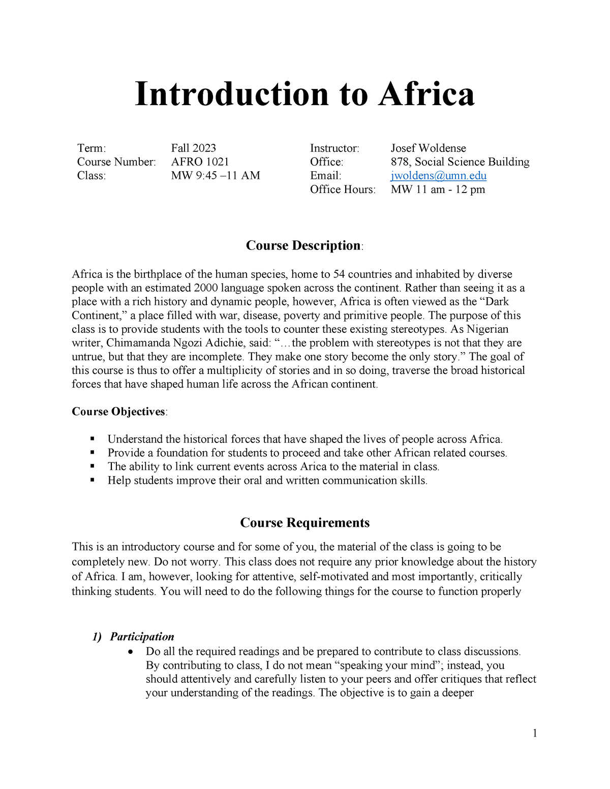 Syllabus - Introduction to Africa Term: Fall 2023 Instructor: Josef ...