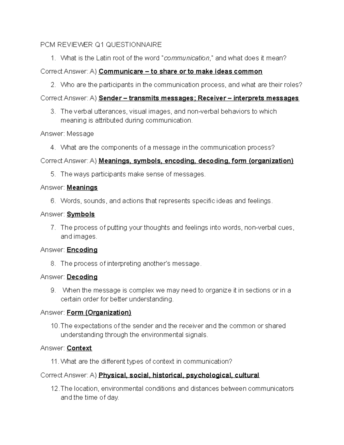 PCMQ1- Questionnaire/Reviewer - PCM REVIEWER Q1 QUESTIONNAIRE What is ...