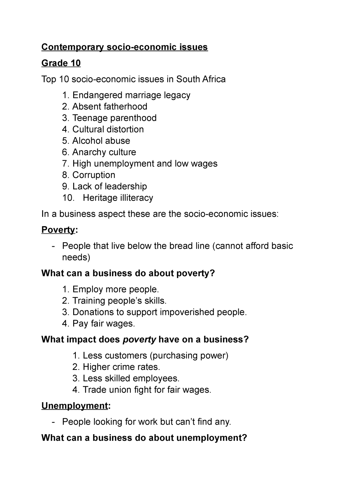 business studies grade 10 socio economic issues essay
