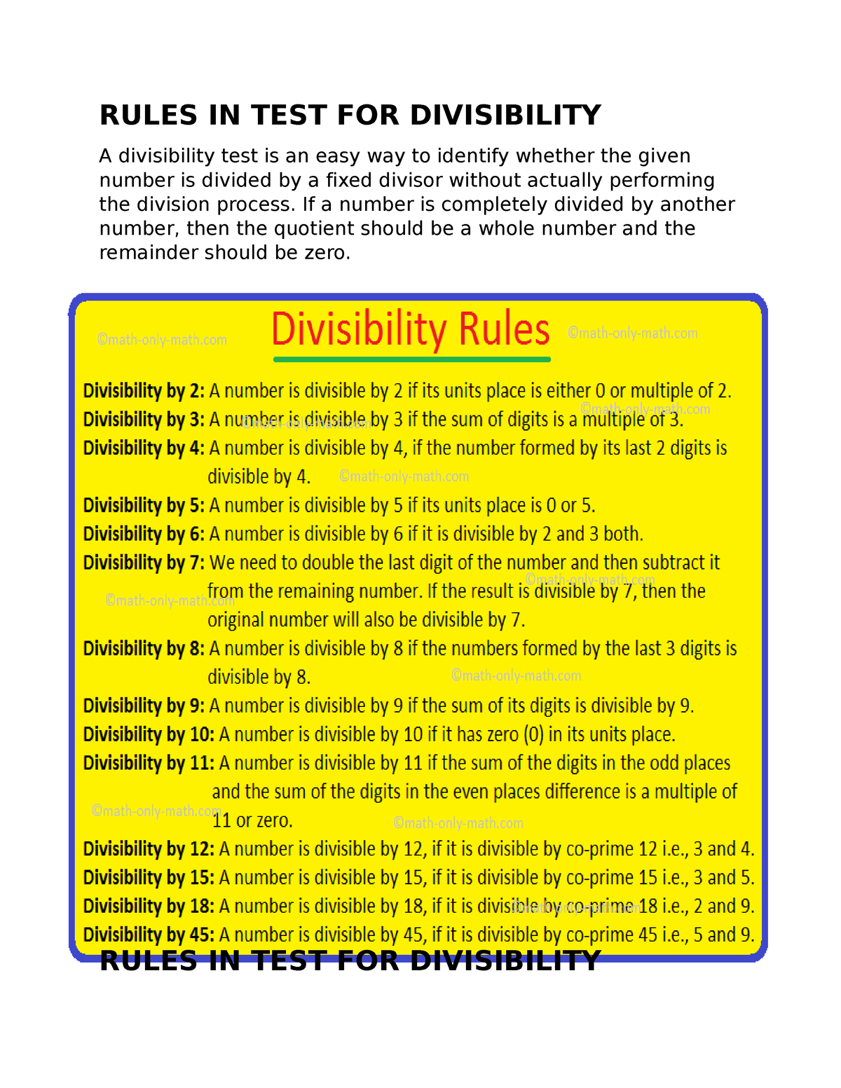 Rules IN TEST FOR Divisibility - RULES IN TEST FOR DIVISIBILITY A ...