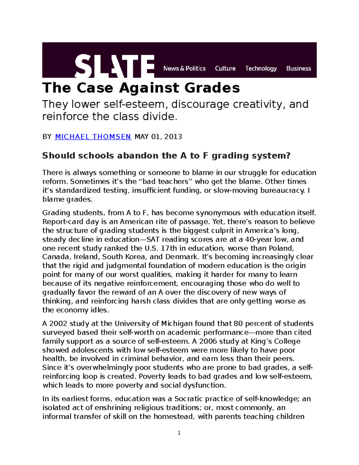 The Case Against Grades - COM101 - Seneca College - Studocu