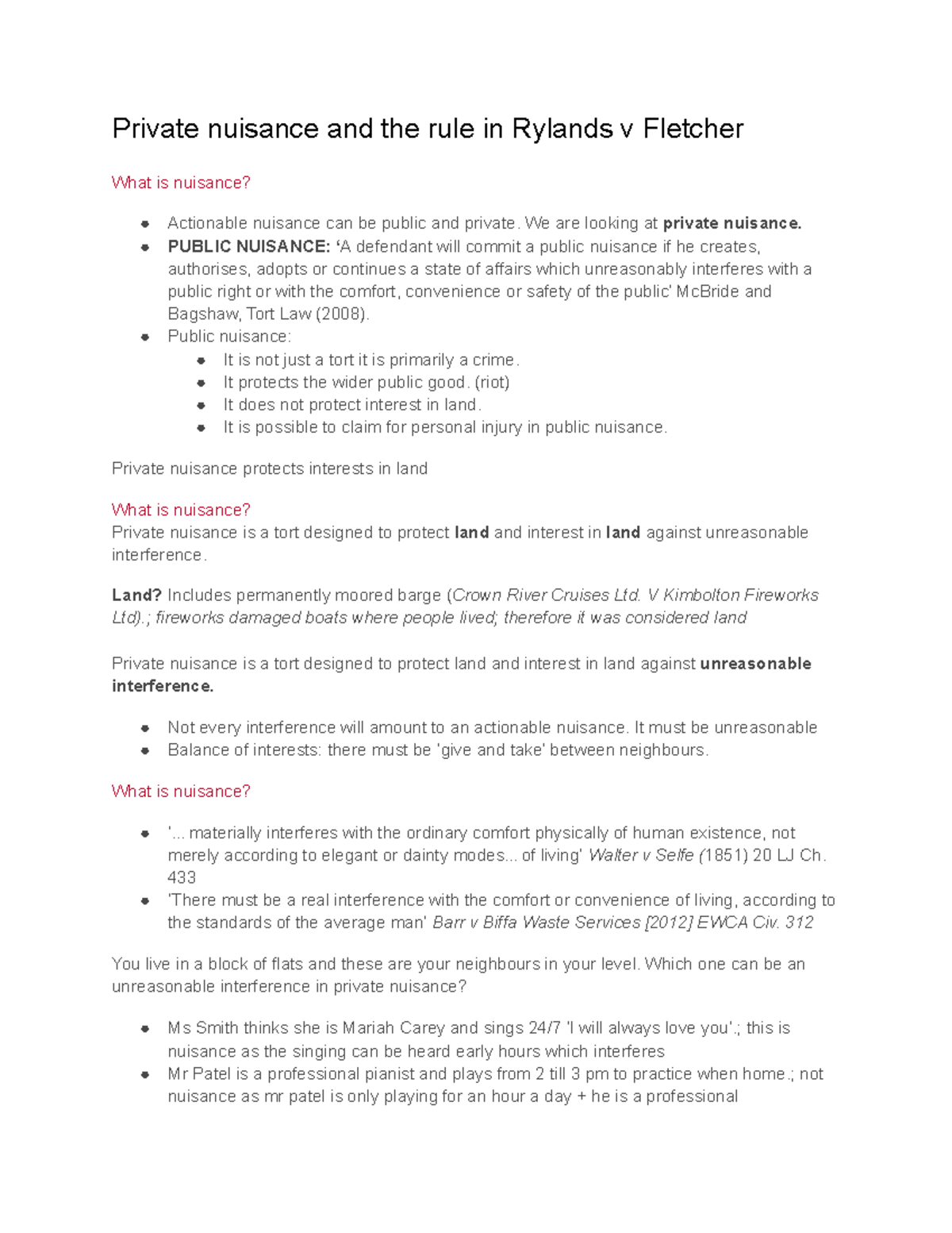 Unit 5 Nuisance and Rylands week 1 - Private nuisance and the rule in ...